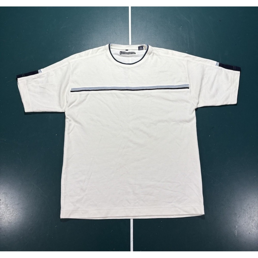 Vintage Y2K Chest Striped T-Shirt Men's XL White Blue Waffle Knit Ribbed Surf